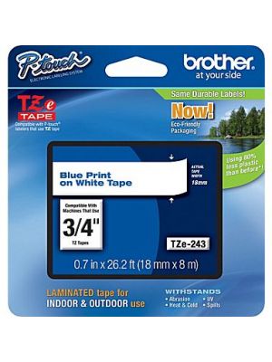 Brother TZe-243 18mm (0.75 Inch), Length of 8M, Blue on White Label Tape Original