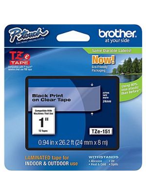 Brother TZe-151 24mm (1 Inch), Length of 8M, Black on Clear Label Tape Original