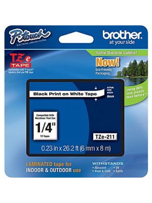 Brother TZe-211 6mm (0.25 Inch), Length of 8M, Black on White Label Tape,Original