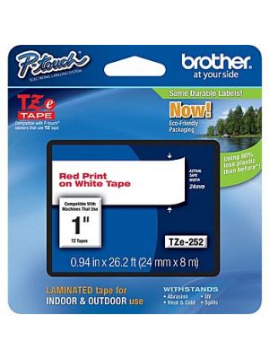 Brother TZe-252 24mm (1 Inch) , Length of 8M, Red on White Label Tape Original