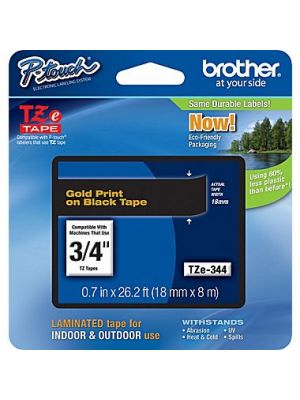 Brother TZe-344 18mm (0.75 Inch), Length of 8M, Gold on Black Label Tape Original