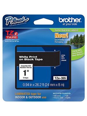 Brother TZe-355 24mm (1 Inch), Length of 8M, White on Black Label Tape Original
