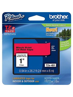 Brother TZe-451 24mm (1 Inch), Length of 8M, Black on Red Label Tape Original