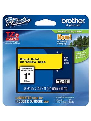 Brother TZe-651 24mm (1 Inch), Length of 8M, Black on Yellow Label Tape Original