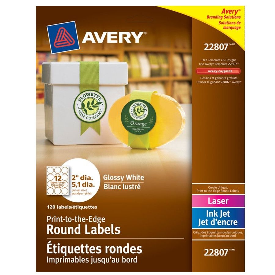 Avery 22807 Original Easy Peel, White Rounded Labels, Round, Glossy White,  2 Inch Diameter, 12/sheet, 120/pk