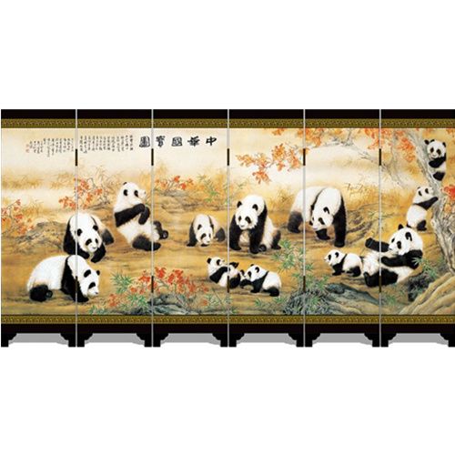 Chinese Folding Screens 6 Panels Panda Paintings Chinese Silk Screen Vintage Chinese Lacquer