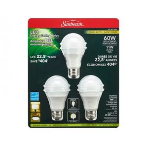 Sunbeam LED A19 11W 800 Lumens 2700K Dimmable Warm White Bulb 3 Pack