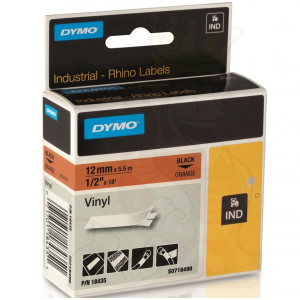 Dymo 18435 IND 12mm (1/2 Inch Vinyl Black on Orange Tape, Compatible