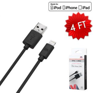 Black MFi Lightning SYNC CABLE for iPod, iPhone and iPad (L= 4 FT )(with Package)