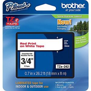 Brother TZe-242 18mm (0.75 Inch), Length of 8M, Red on White Label Tape Original