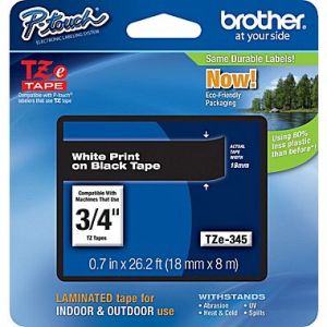 Brother TZe-345 18mm (0.75 Inch), Length of 8M, White on Black Label Tape Original
