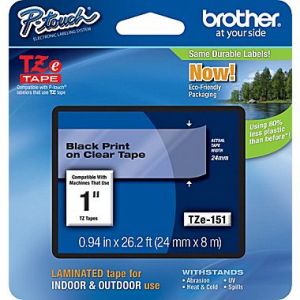 Brother TZe-151 24mm (1 Inch), Length of 8M, Black on Clear Label Tape Original