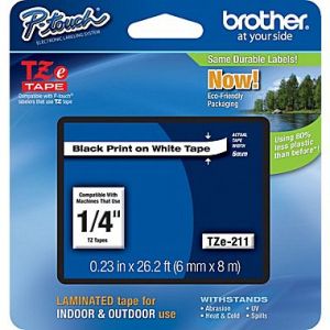 Brother TZe-211 6mm (0.25 Inch), Length of 8M, Black on White Label Tape,Original