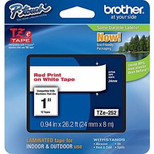 Brother TZe-252 24mm (1 Inch) , Length of 8M, Red on White Label Tape Original