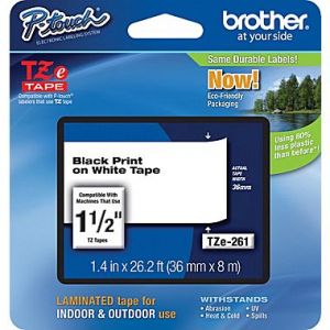 Brother TZe-261 36mm (1.5 Inch) , Length of 8M, Black on White Label Tape Original