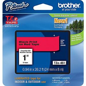 Brother TZe-451 24mm (1 Inch), Length of 8M, Black on Red Label Tape Original