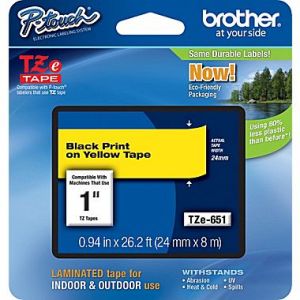 Brother TZe-651 24mm (1 Inch), Length of 8M, Black on Yellow Label Tape Original