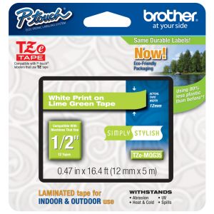 Brother TZe-MQG35 12mm ( 1/2 In. ) White on Lime Green P-Touch Tape Original